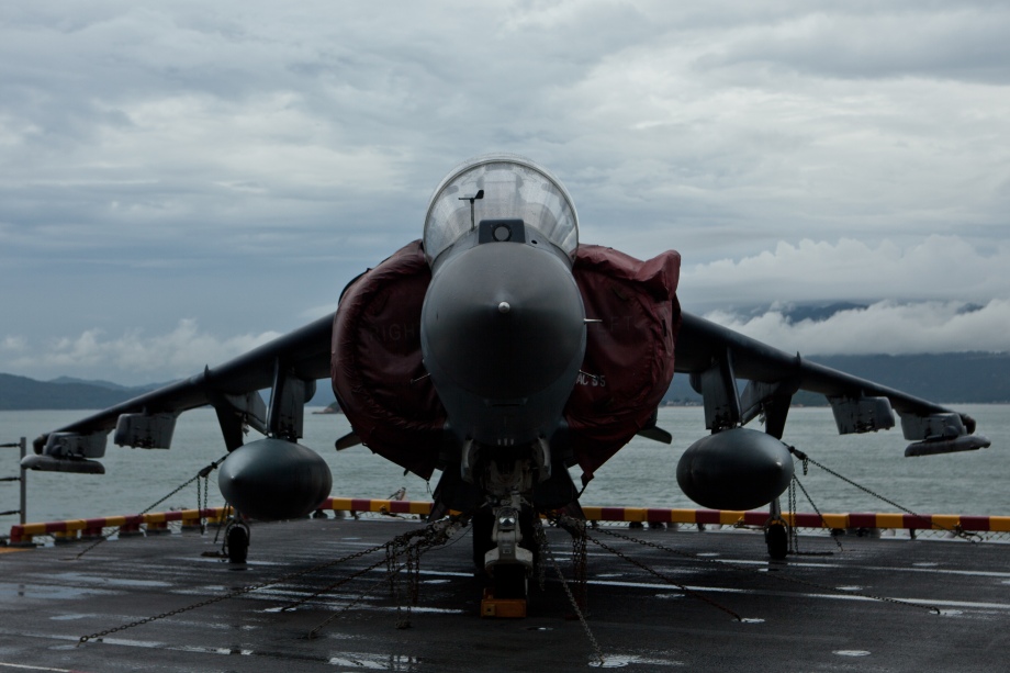 A US Marine Harrier Jump Jet is seen on the flight deck of the USS Makin Island, in Hong Kong on August 20, 2014. Makin Island (LHD-8) a Wasp-class amphibious assault ship and the second ship of the US Navy to be named Makin Island, was laid down on February 14, 2004 by the Ingalls Shipbuilding, Pascagoula, Mississippi and was christened on 19 August 2006. AFP PHOTO / ANTHONY WALLACE